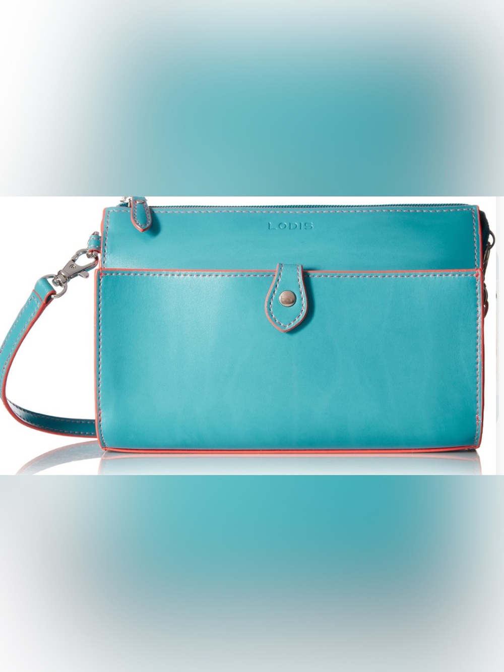Lodis Turquoise Leather Crossbody Wristlet with Coral Trim. Preowned.
